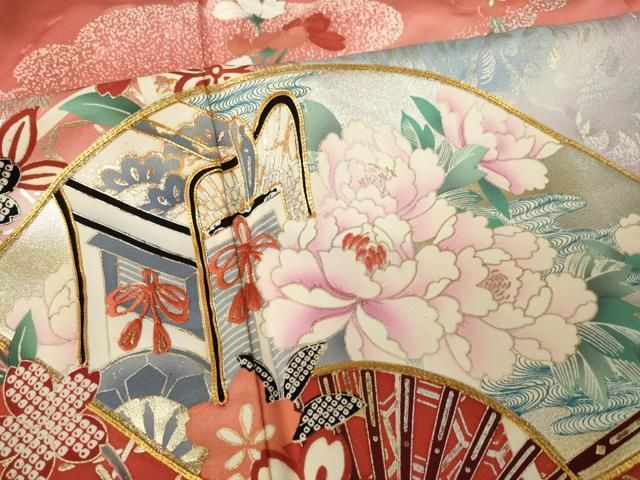 平和屋着物●豪華振袖　駒刺繍　扇面御所車花文　暈し染め　金銀彩　正絹　逸品　AABN0791ck