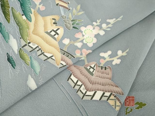 平和屋着物●本加賀友禅作家　寺西一紘　訪問着　風景花文　正絹　逸品　AABN0827ck