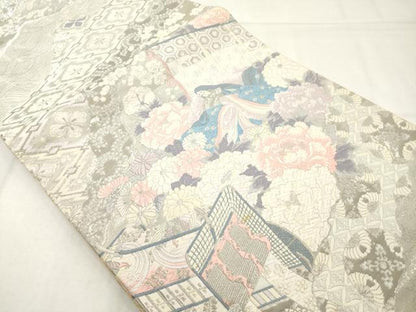 平和屋着物◎六通柄袋帯　唐織　女人花文　銀糸　正絹　逸品　AABN0846ps