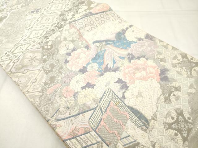 平和屋着物◎六通柄袋帯　唐織　女人花文　銀糸　正絹　逸品　AABN0846ps