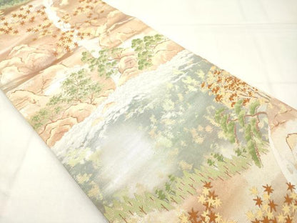 平和屋着物◎六通柄袋帯　風景文　引箔　正絹　逸品　AABN0847ps