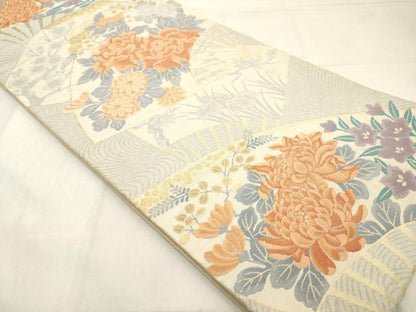 平和屋着物◎六通柄袋帯　扇面花文　金糸　正絹　逸品　AABN0861ps