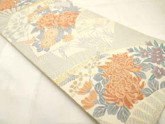 平和屋着物◎六通柄袋帯　扇面花文　金糸　正絹　逸品　AABN0861ps