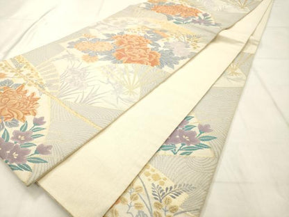平和屋着物◎六通柄袋帯　扇面花文　金糸　正絹　逸品　AABN0861ps