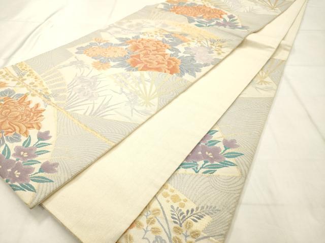 平和屋着物◎六通柄袋帯　扇面花文　金糸　正絹　逸品　AABN0861ps