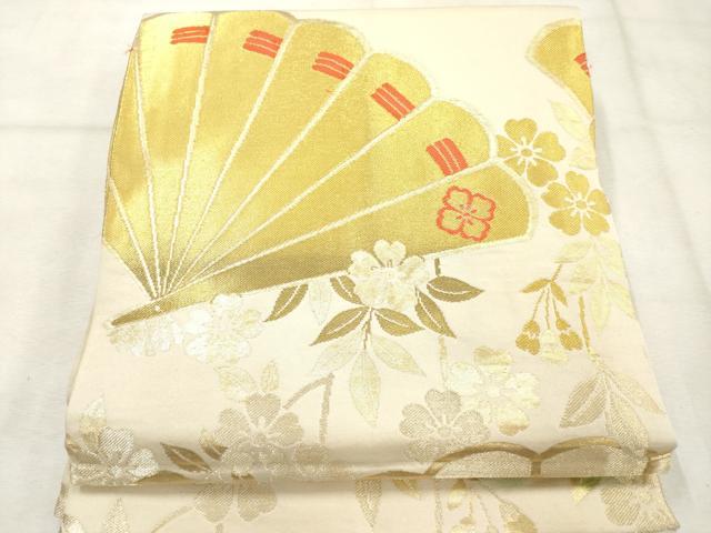 平和屋着物◎九寸名古屋帯　檜扇花文　金糸　正絹　逸品　AABN0864ps