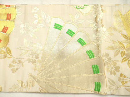 平和屋着物◎九寸名古屋帯　檜扇花文　金糸　正絹　逸品　AABN0864ps