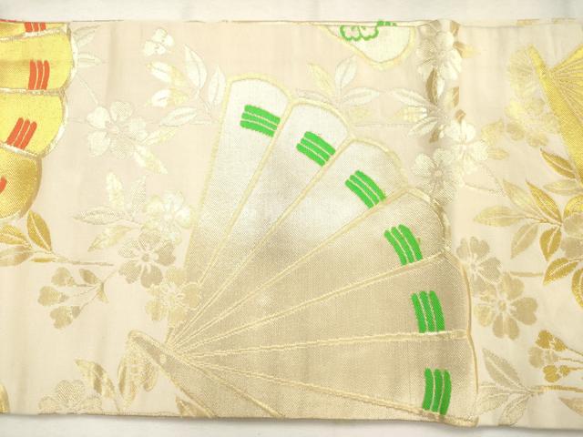 平和屋着物◎九寸名古屋帯　檜扇花文　金糸　正絹　逸品　AABN0864ps