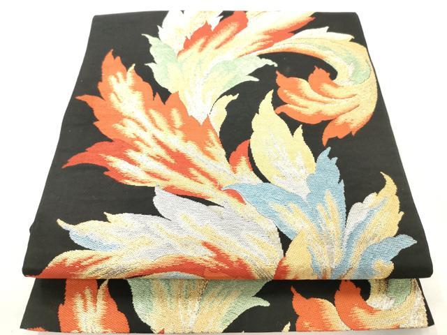 平和屋着物◎六通柄袋帯　洋花文　黒地　金銀糸　正絹　逸品　AABN0872ps