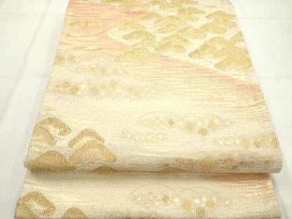 平和屋着物◎六通柄袋帯　風景文　金糸　正絹　逸品　AABN0893ps