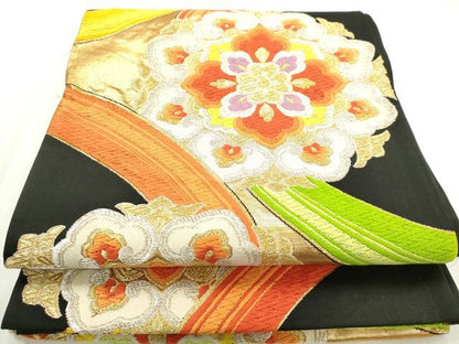 平和屋着物◎六通柄袋帯　唐織　正倉院花文　黒地　金銀糸　正絹　逸品　AABN0894ps