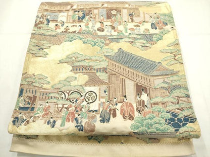 平和屋着物◎六通柄袋帯　人物風景文　金糸　正絹　逸品　AABN0897ps