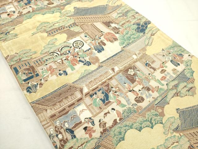 平和屋着物◎六通柄袋帯　人物風景文　金糸　正絹　逸品　AABN0897ps