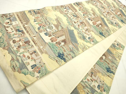 平和屋着物◎六通柄袋帯　人物風景文　金糸　正絹　逸品　AABN0897ps