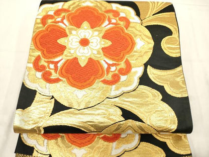 平和屋着物◎六通柄袋帯　唐織　花唐草文　黒地　金銀糸　正絹　逸品　AABN0899ps