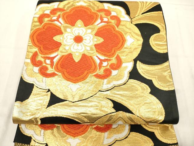 平和屋着物◎六通柄袋帯　唐織　花唐草文　黒地　金銀糸　正絹　逸品　AABN0899ps