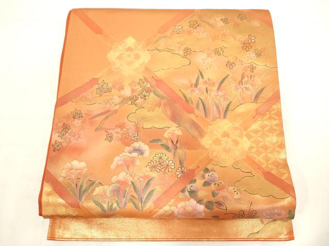 平和屋着物◎太鼓柄袋帯　草花文　金彩　正絹　逸品　AABN0907ps