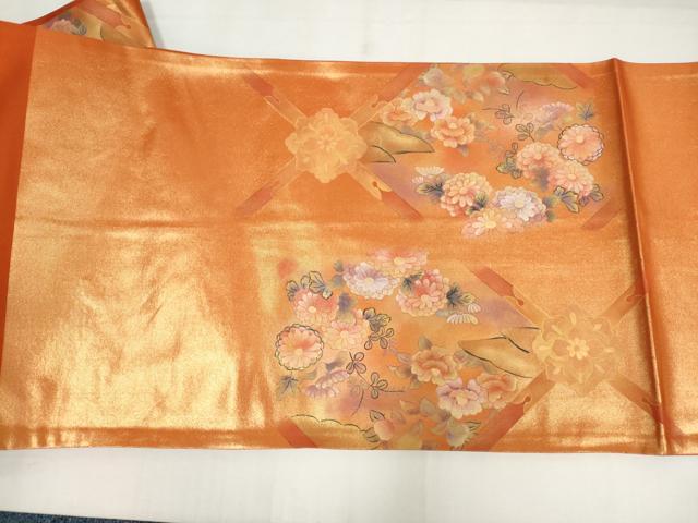 平和屋着物◎太鼓柄袋帯　草花文　金彩　正絹　逸品　AABN0907ps