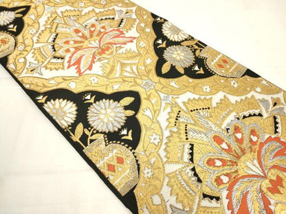 平和屋着物◎六通柄　本袋帯　更紗花文　黒地　金銀糸　正絹　逸品　AABN0909ps