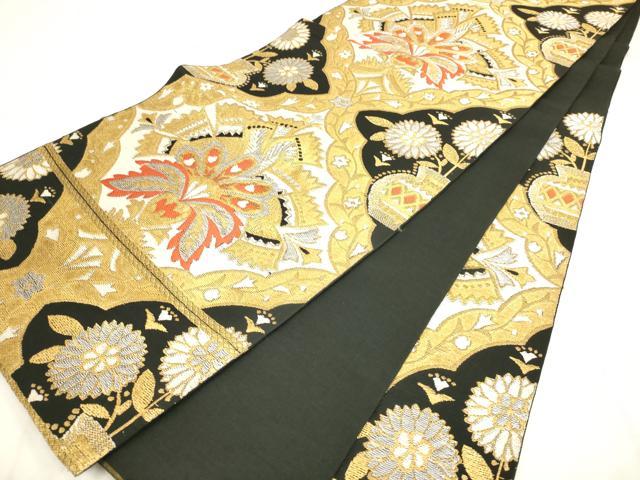 平和屋着物◎六通柄　本袋帯　更紗花文　黒地　金銀糸　正絹　逸品　AABN0909ps