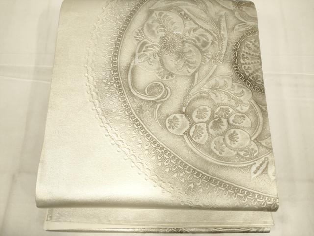 平和屋着物◎太鼓柄袋帯　花絵皿文　銀糸　正絹　逸品　AABN0917ps