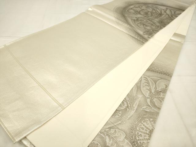 平和屋着物◎太鼓柄袋帯　花絵皿文　銀糸　正絹　逸品　AABN0917ps