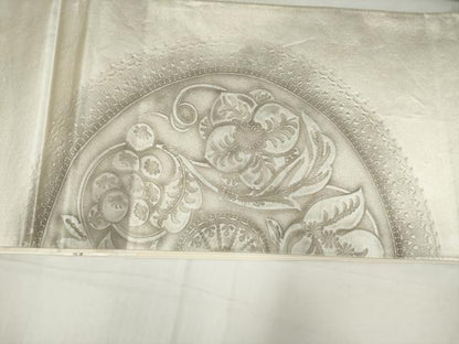平和屋着物◎太鼓柄袋帯　花絵皿文　銀糸　正絹　逸品　AABN0917ps