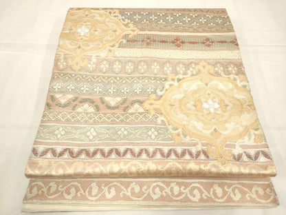 平和屋着物◎珀寿綴　六通柄袋帯　花横段文　金銀糸　正絹　逸品　AABN0919ps