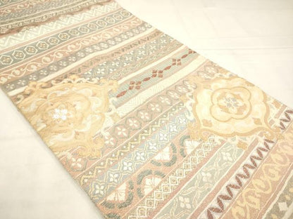 平和屋着物◎珀寿綴　六通柄袋帯　花横段文　金銀糸　正絹　逸品　AABN0919ps
