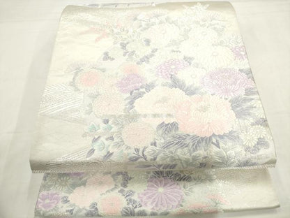 平和屋着物◎六通柄袋帯　唐織　草花文　銀糸　正絹　逸品　AABN0921ps