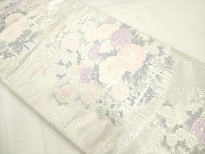 平和屋着物◎六通柄袋帯　唐織　草花文　銀糸　正絹　逸品　AABN0921ps