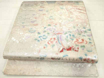 平和屋着物◎六通柄袋帯　飾花文　銀彩　正絹　逸品　AABN0938ps