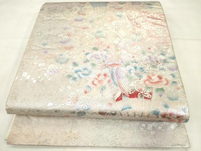 平和屋着物◎六通柄袋帯　飾花文　銀彩　正絹　逸品　AABN0938ps
