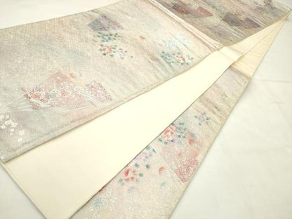 平和屋着物◎六通柄袋帯　飾花文　銀彩　正絹　逸品　AABN0938ps