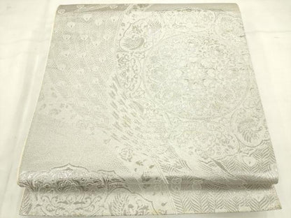 平和屋着物◎六通柄袋帯　孔雀花文　銀糸　正絹　逸品　AABN0963ps