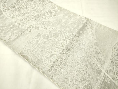 平和屋着物◎六通柄袋帯　孔雀花文　銀糸　正絹　逸品　AABN0963ps