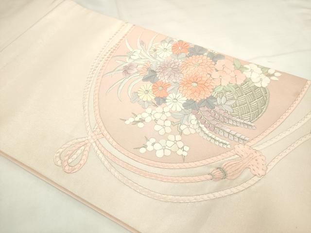 平和屋着物◎太鼓柄袋帯　花籠文　銀糸　正絹　逸品　AABN0964ps