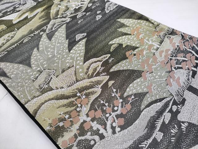 平和屋着物◎六通柄袋帯　風景文　銀糸　正絹　逸品　AABN0967ps