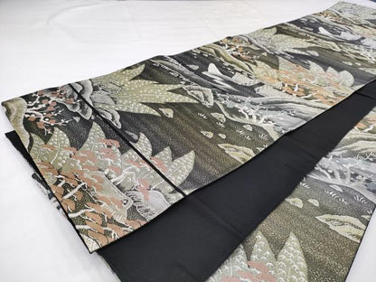 平和屋着物◎六通柄袋帯　風景文　銀糸　正絹　逸品　AABN0967ps