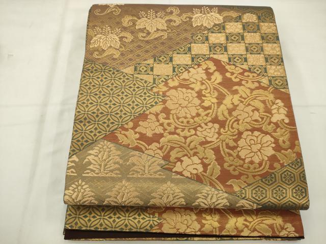 平和屋着物◎六通柄袋帯　切嵌花文　金糸　正絹　逸品　AABN0968ps