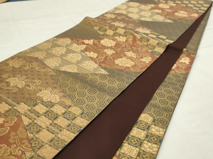 平和屋着物◎六通柄袋帯　切嵌花文　金糸　正絹　逸品　AABN0968ps