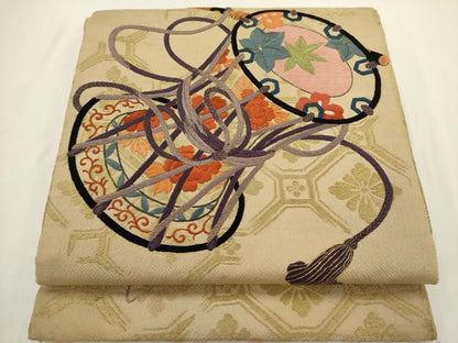 平和屋着物◎アンティーク　大正ロマン　太鼓柄　京袋帯　総刺繍　花鼓文　金糸　正絹　逸品　AABN0975ps