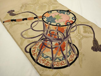 平和屋着物◎アンティーク　大正ロマン　太鼓柄　京袋帯　総刺繍　花鼓文　金糸　正絹　逸品　AABN0975ps