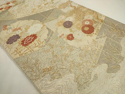 平和屋着物◎六通柄袋帯　唐織　雲取り花文　九百佐賀錦　蒔絵　金糸　正絹　逸品　AABN0981ps