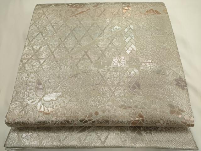 平和屋着物◎佐賀錦　両面　六通柄袋帯　花蝶芝文　銀糸　正絹　逸品　AABN0993ps