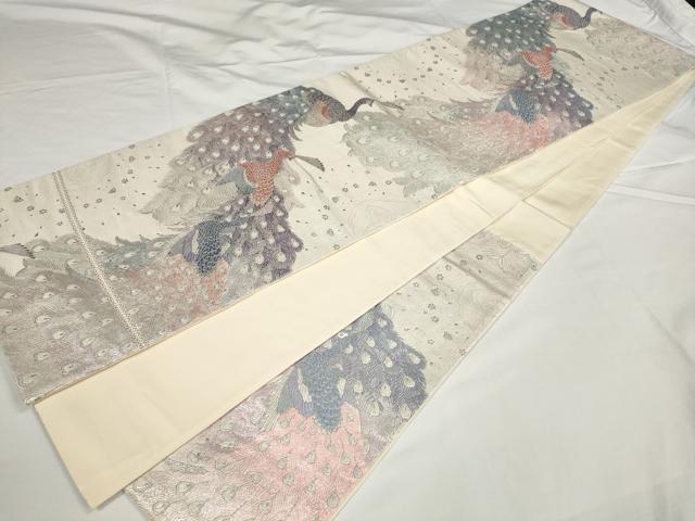平和屋着物◎六通柄袋帯　九百プラチナ　孔雀文　正絹　逸品　AABN1005bo