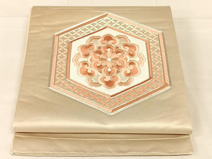 平和屋着物◎太鼓柄袋帯　駒刺繍　亀甲花文　銀糸　正絹　逸品　AABN1402dk