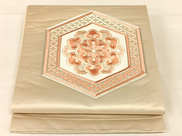 平和屋着物◎太鼓柄袋帯　駒刺繍　亀甲花文　銀糸　正絹　逸品　AABN1402dk