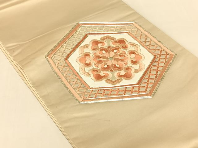 平和屋着物◎太鼓柄袋帯　駒刺繍　亀甲花文　銀糸　正絹　逸品　AABN1402dk