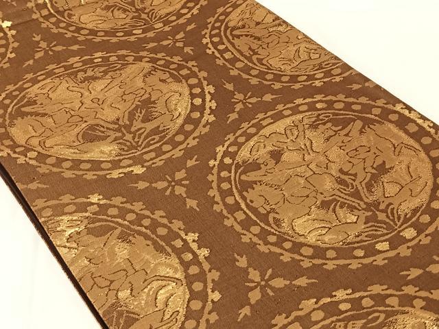 平和屋着物◎六通柄袋帯　狩猟花丸文　金糸　正絹　逸品　AABN1403dk